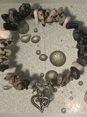 Dalmatian Jasper Chip Stretch Bracelet with Heart Charm - Beige, Black, White